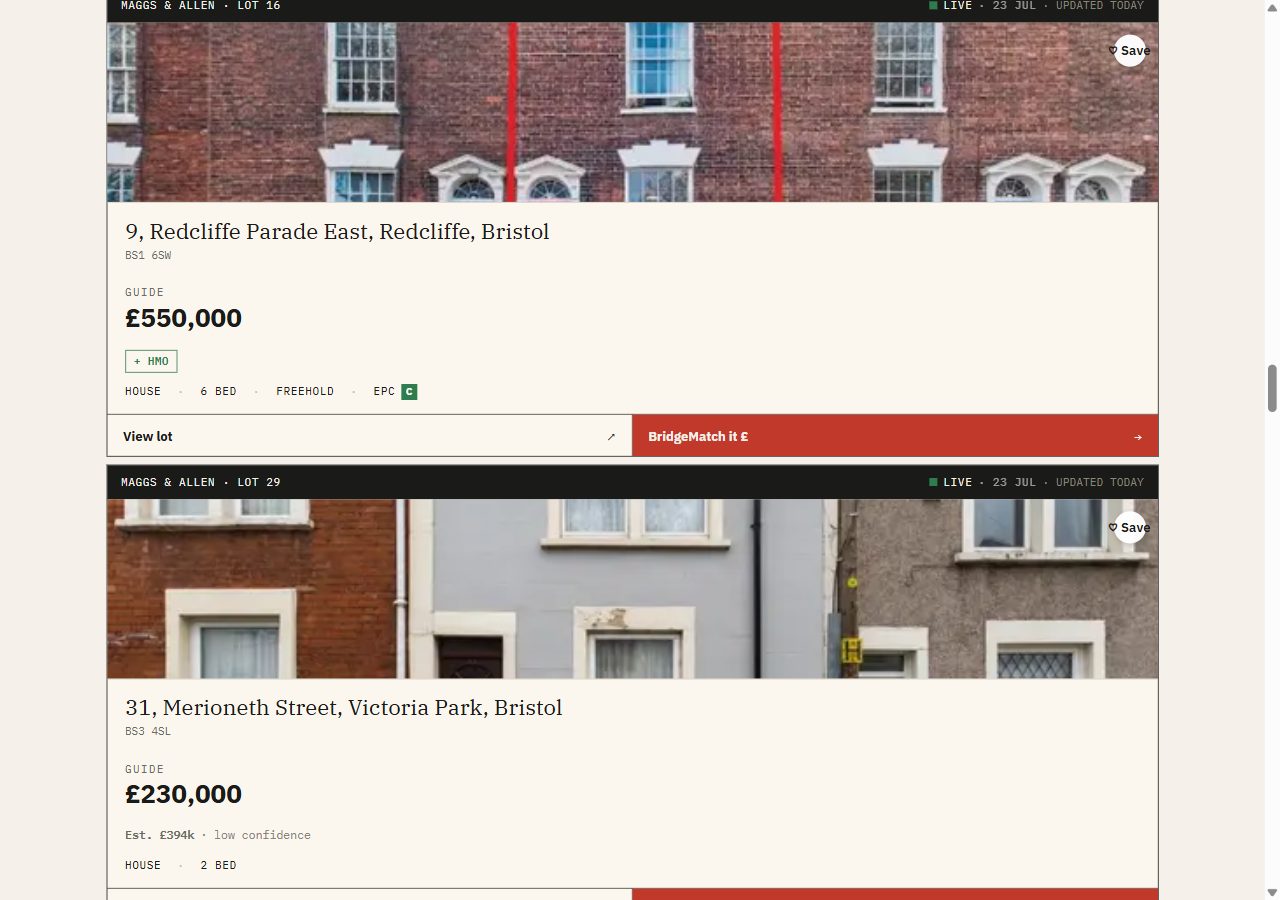 AuctionBrain results showing live Bristol auction lots with property photos, guide prices, HMO and EPC badges, and a BridgeMatch finance check on each lot.